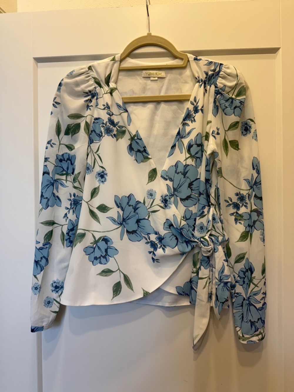 Yumi Kim White Wrap Blouse with Blue Floral Print